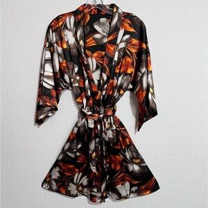Orange & Brown Floral Silky Satin Belted Robe Loungewear Medium